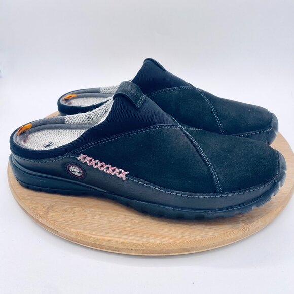 Timberland Smartwool Shoes Womens 8 Black Leather Slip On Mules Wool Lined - Picture 1 of 11